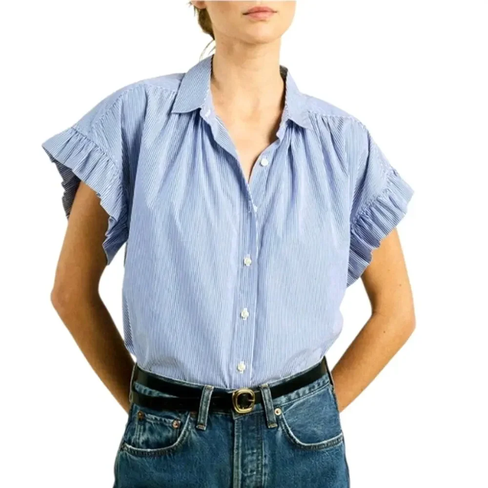Travota Marianne NWT Birds of Paradise Button Ruffle Shirt Blue White Cotton XS - Picture 1 of 14